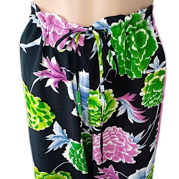 Floral Patchwork Wide Leg Pants M Hippie Artsy Boho Chic Fairy Flowy Drawstring - Picture 7 of 16